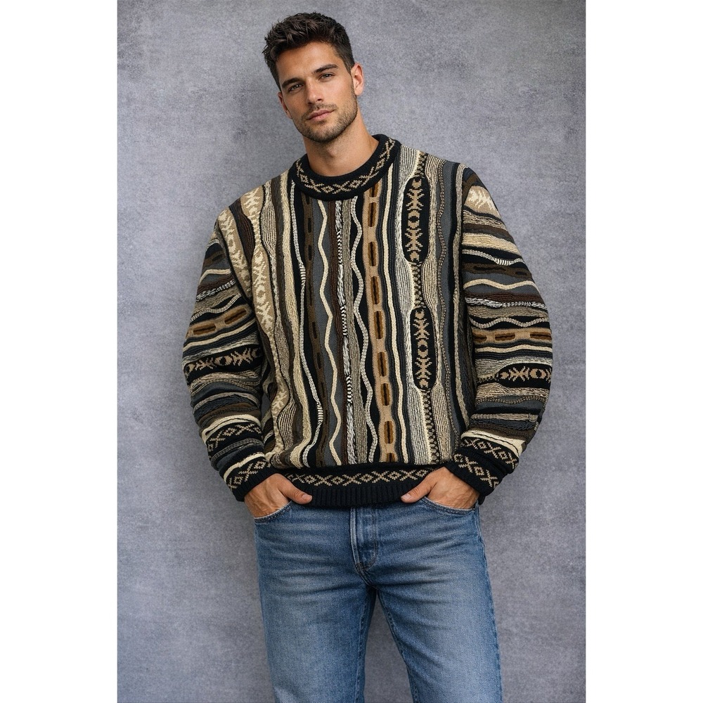Vintage Baucci Chunky Knit Sweater Mens L Coogi Grey Style 90s Geometric Cosby